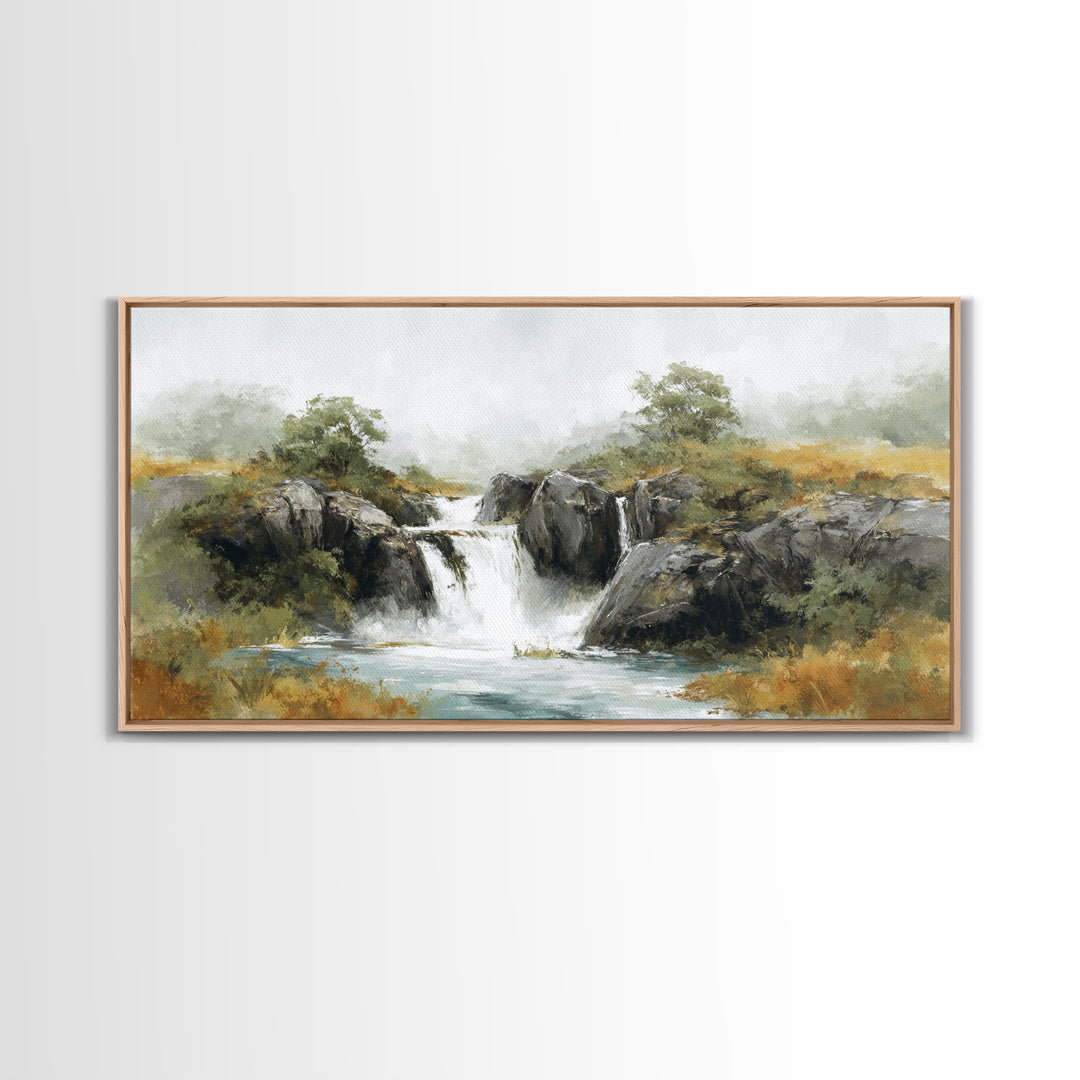 Waterfall Hidden Among Dark Green Rocks Framed Canvas Print, Nature Art, Landscape Print, Living Room Decor, Fine Art, Nature, NAT-2x1-95