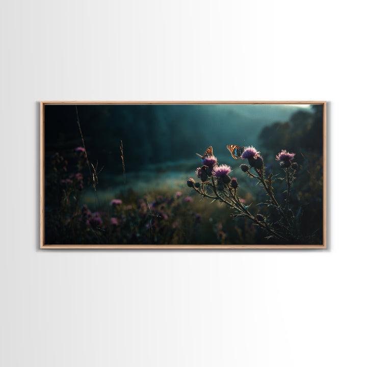 Butterfly Resting on a Blooming Thistle Framed Canvas Print, Nature Art, Stained Glass Art, Living Room Decor, Oil Painting, NAT-2x1-96