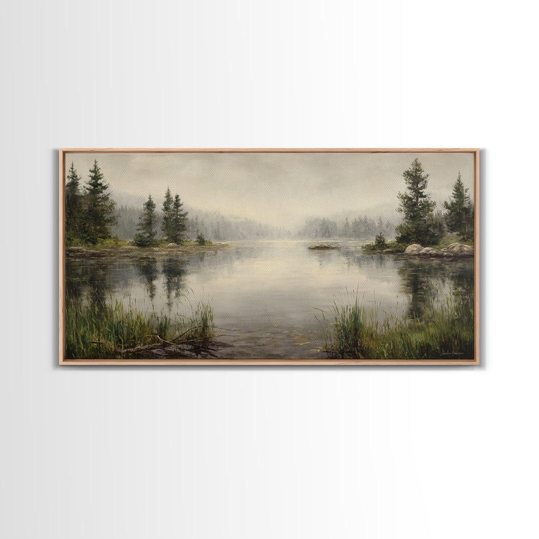 Misty Mountain Lake Framed Canvas Print, Nature Art, Wood Wall Art, Living Room Decor, Fine Art, Nature, Digital Download Art, NAT-2x1-97