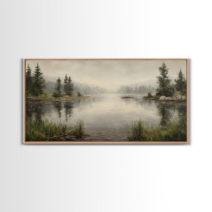Misty Mountain Lake Framed Canvas Print, Nature Art, Wood Wall Art, Living Room Decor, Fine Art, Nature, Digital Download Art, NAT-2x1-97