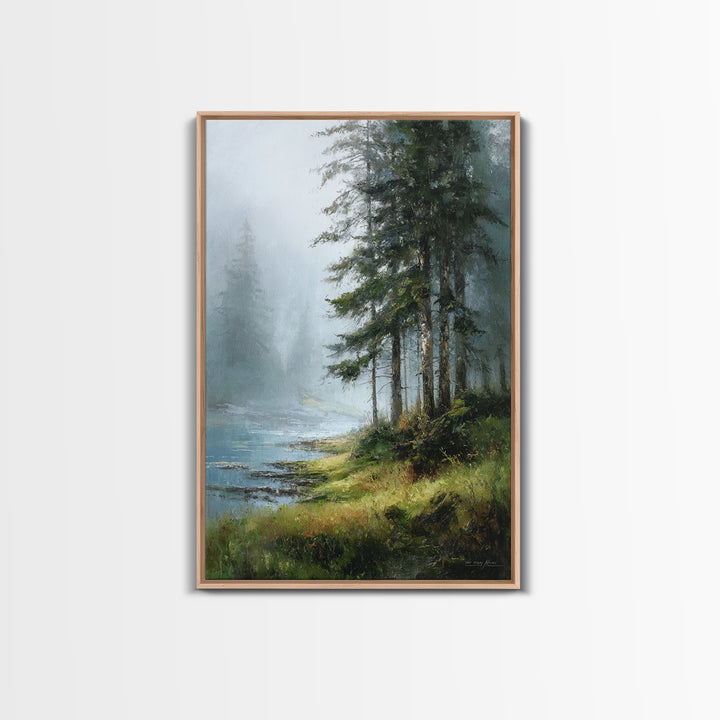 Moody Pine Forest Framed Canvas Print, Nature Art, Wall Art, Living Room Decor, Oil Painting, Nature, Wood Wall Art, NAT-2x3-1