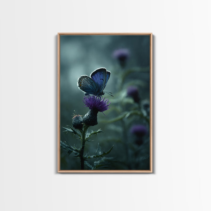 Butterfly Resting on a Blooming Thistle Framed Canvas Print, Nature Art, Minimalist Decor, Living Room Decor, Oil Painting, NAT-2x3-12