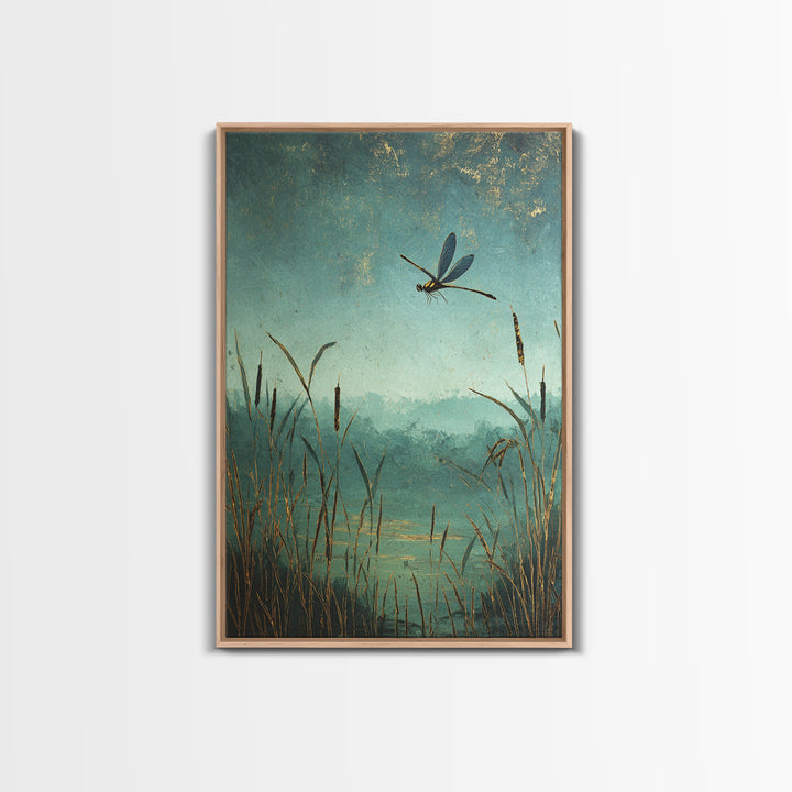 Dragonfly over a Pond with Reeds Framed Canvas Print, Nature Art, Boho Decor, Living Room Decor, Abstract Art, Nature, NAT-2x3-2