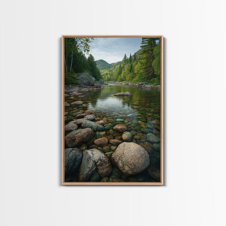 River Stones under Clear Shallow Water Framed Canvas Print, Nature Art, Living Room Decor, Oil Painting, Nature, NAT-2x3-21