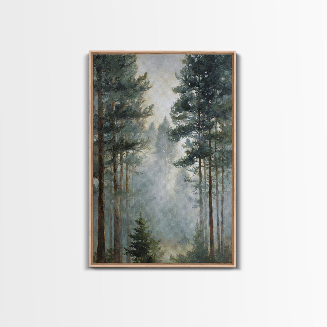 Moody Pine Forest Framed Canvas Print, Nature Art, Wall Art, Living Room Decor, Oil Painting, Nature, Wood Wall Art, NAT-2x3-25