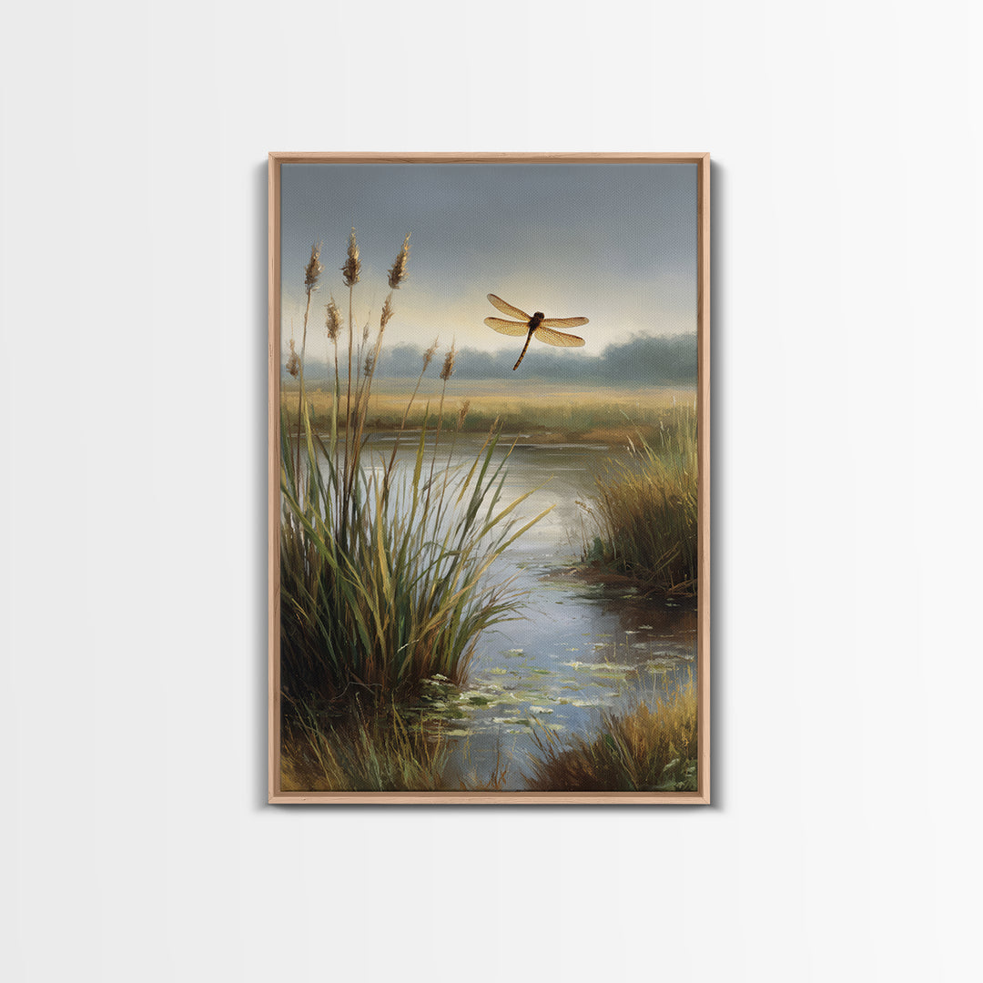 Dragonfly over a Pond with Reeds Framed Canvas Print, Nature Art, Boho Decor, Living Room Decor, Abstract Art, Nature, NAT-2x3-26