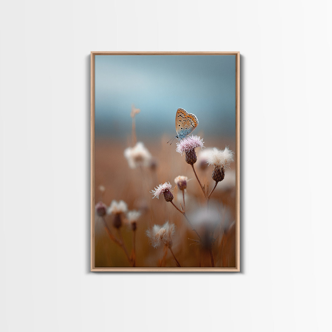 Butterfly Resting on a Blooming Thistle Framed Canvas Print, Nature Art, Mountain Wall Art, Living Room Decor, Watercolor Art, NAT-2x3-36