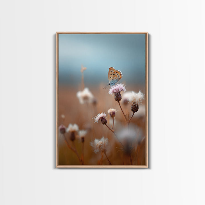 Butterfly Resting on a Blooming Thistle Framed Canvas Print, Nature Art, Mountain Wall Art, Living Room Decor, Watercolor Art, NAT-2x3-36