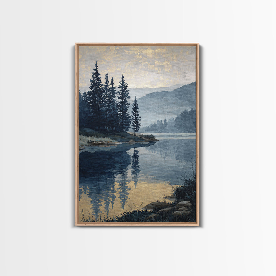 Misty Mountain Lake Framed Canvas Print, Nature Art, Art, Living Room Decor, Watercolor Art, Nature, 3d Wall Art, NAT-2x3-37