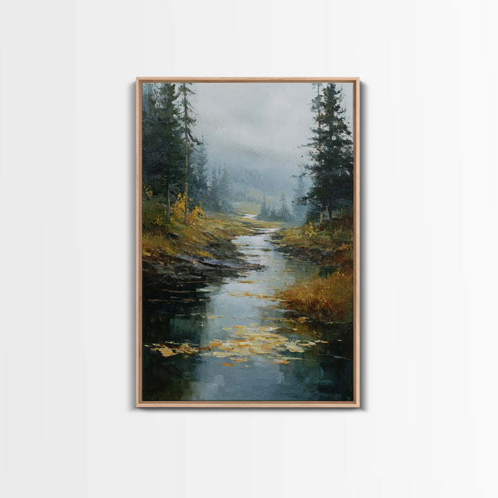 Autumn Leaves Floating on Quiet Stream Framed Canvas Print, Nature Art, Wall Art, Living Room Decor, Fine Art, Nature, NAT-2x3-38
