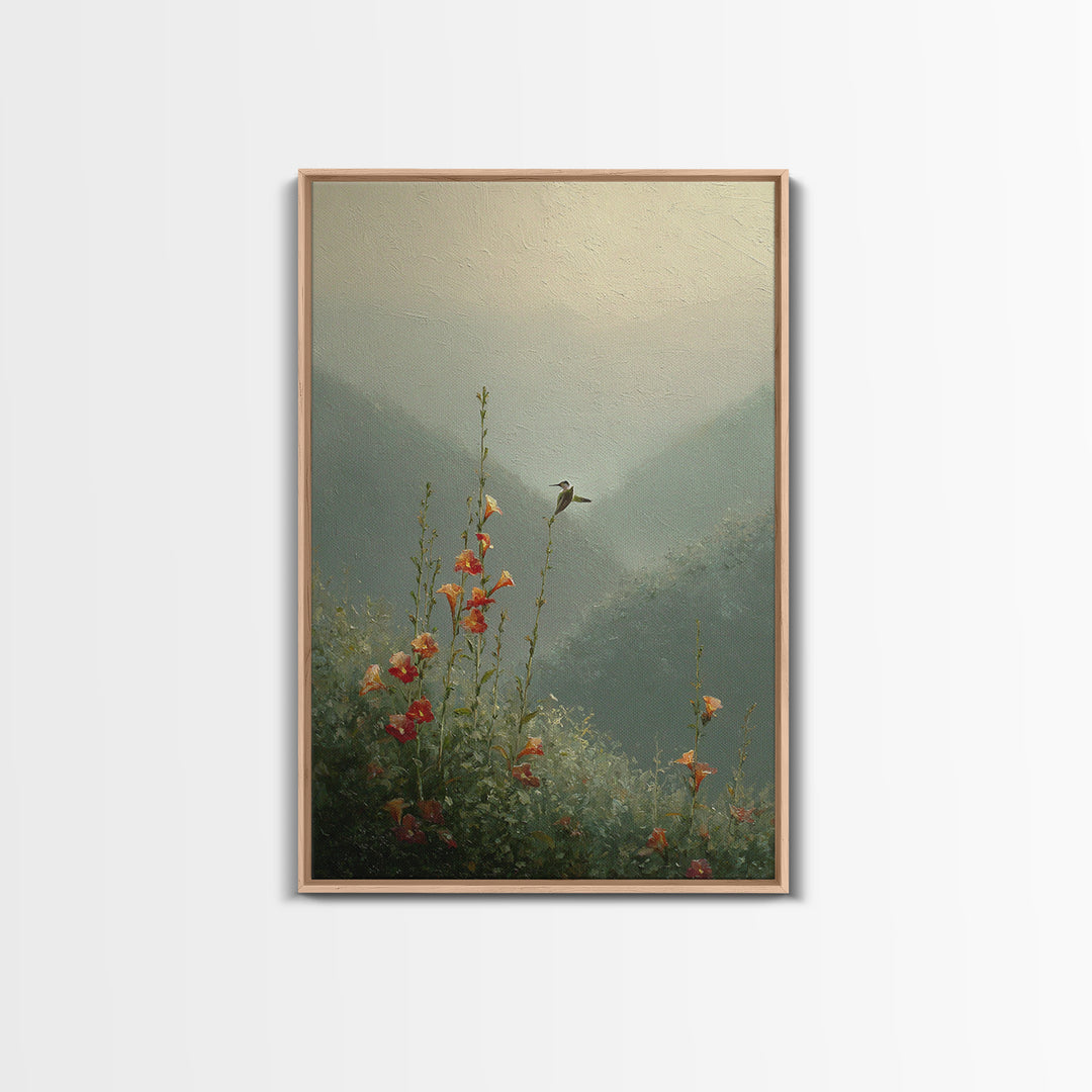 Hummingbird Beside Bright Trumpet Flowers Framed Canvas Print, Nature Art, Landscape Print, Living Room Decor, Watercolor Art, NAT-2x3-44