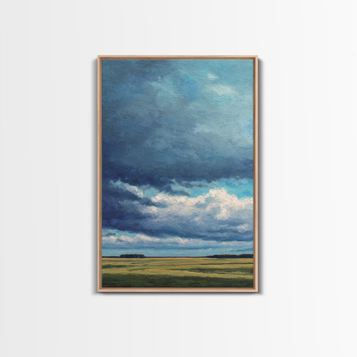 Storm Clouds over a Rolling Prairie Framed Canvas Print, Nature Art, Textured Painting, Living Room Decor, Fine Art, Nature, NAT-2x3-46