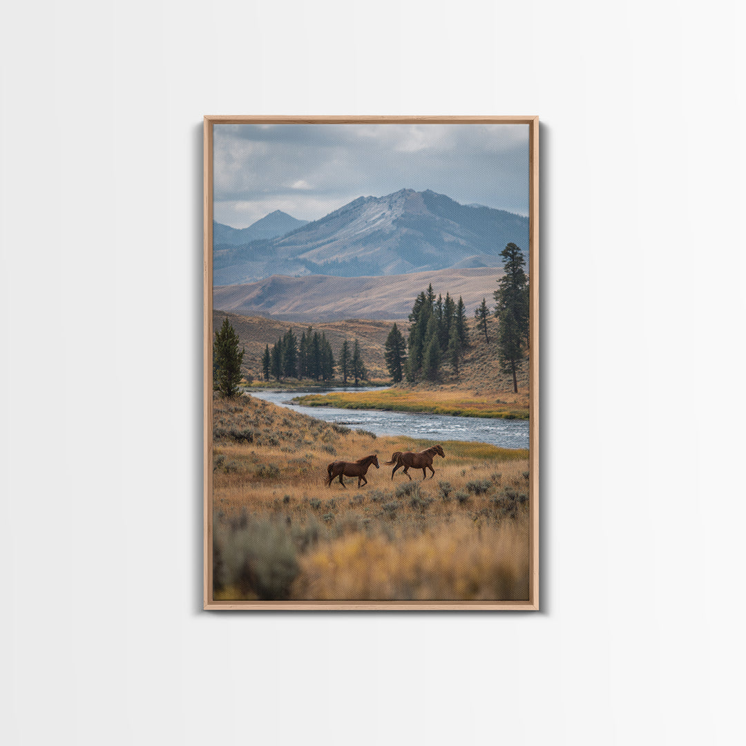 Wild Horses Running Near Mountain Ridge Canvas Print, Nature Art, Minimalist Decor, Living Room Decor, Fine Art, Nature, NAT-2x3-54