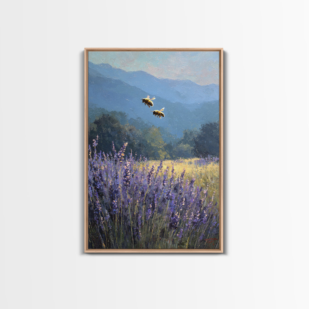 Bees Circling Lavender Blossoms Framed Canvas Print, Nature Art, Textured Painting, Living Room Decor, Fine Art, Nature, NAT-2x3-55