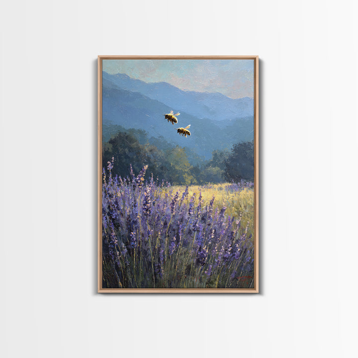 Bees Circling Lavender Blossoms Framed Canvas Print, Nature Art, Textured Painting, Living Room Decor, Fine Art, Nature, NAT-2x3-55