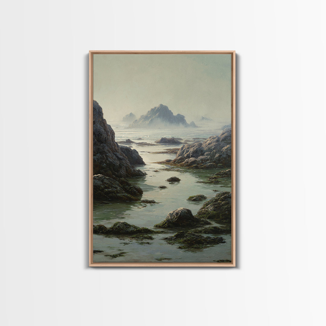 Calm Beach Tide Pooling Around Rocks Framed Canvas Print, Nature Art, Neutral Decor, Living Room Decor, Abstract Art, Nature, NAT-2x3-56
