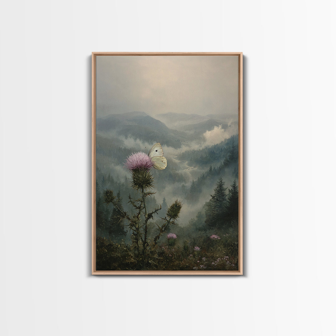 Butterfly Resting on a Blooming Thistle Framed Canvas Print, Nature Art, Wall Art, Living Room Decor, Fine Art, Nature, NAT-2x3-60