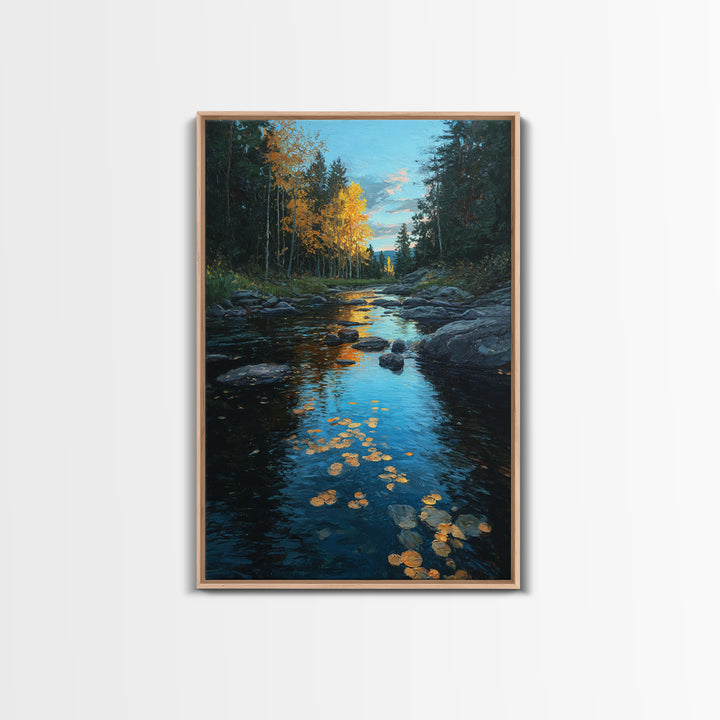 Autumn Leaves Floating on Quiet Stream Canvas Print, Nature Art, Mushroom, Living Room Decor, Abstract Art, Nature, NAT-2x3-62