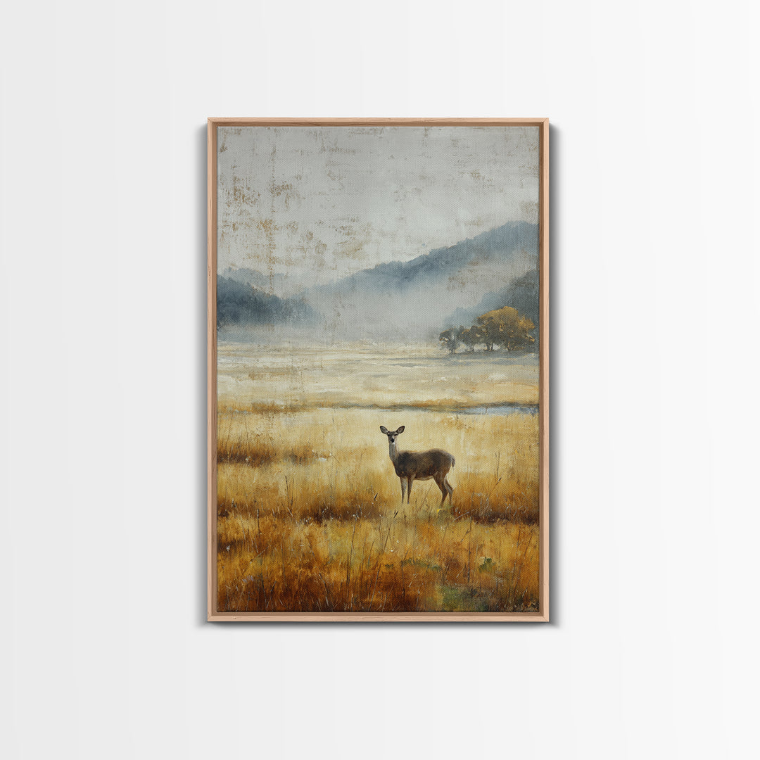 Deer Standing in a Golden Field Framed Canvas Print, Nature Art, Room Decor, Living Room Decor, Fine Art, Nature, Wall Hangings, NAT-2x3-64