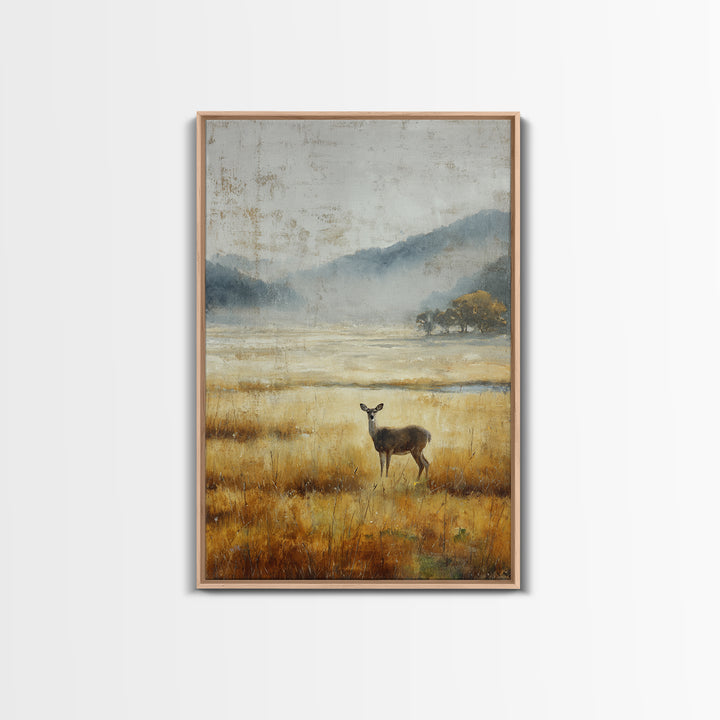 Deer Standing in a Golden Field Framed Canvas Print, Nature Art, Room Decor, Living Room Decor, Fine Art, Nature, Wall Hangings, NAT-2x3-64