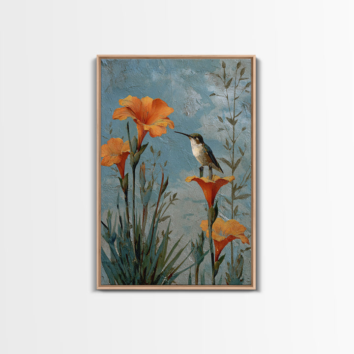 Hummingbird Beside Bright Trumpet Flowers Framed Canvas Print, Nature Art, Wall Hangings, Living Room Decor, Oil Painting, NAT-2x3-68