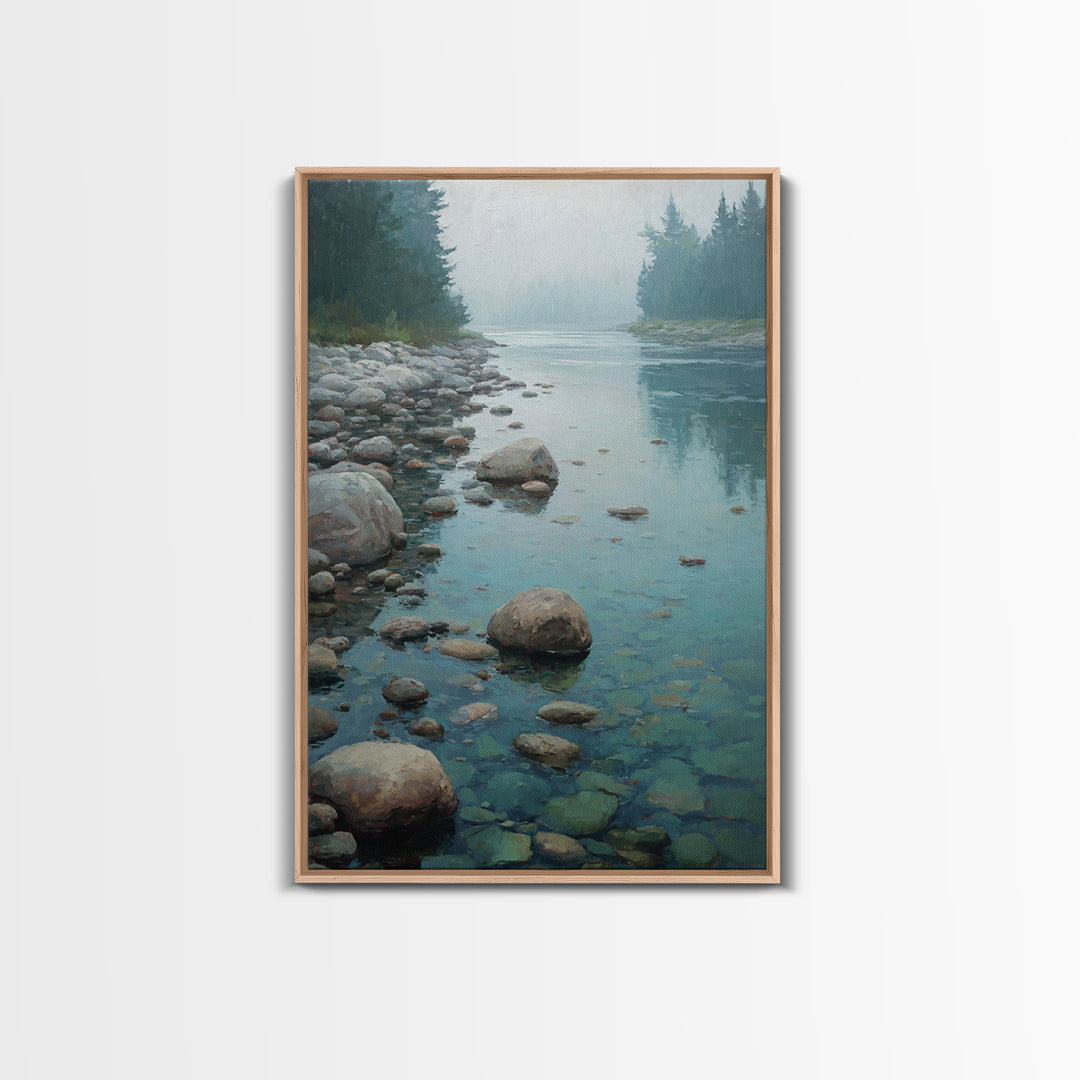 River Stones under Clear Shallow Water Framed Canvas Print, Nature Art, Artwork, Living Room Decor, Fine Art, Nature, NAT-2x3-69
