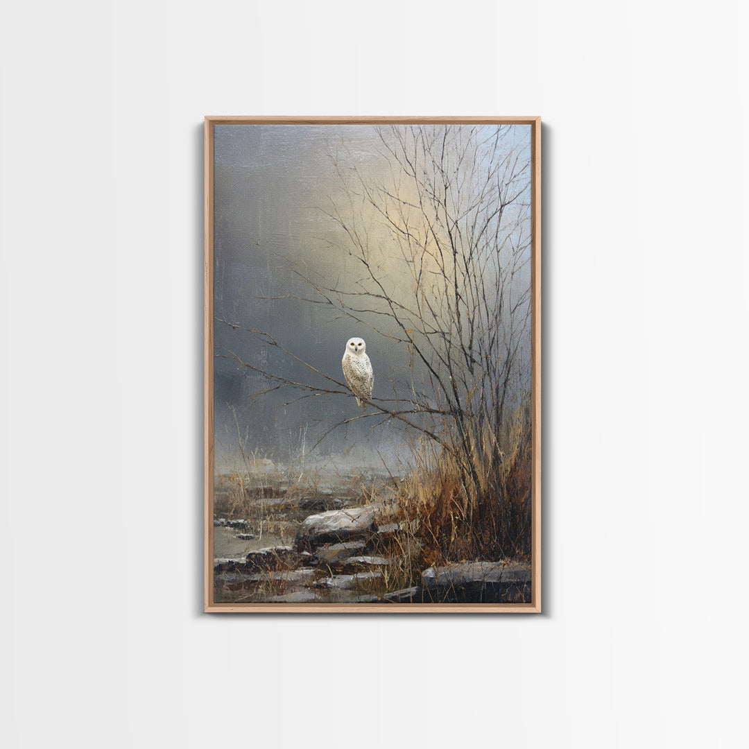 Owl in Moonlit Branches Framed Canvas Print, Nature Art, Printable Wall Art, Living Room Decor, Watercolor Art, Nature, NAT-2x3-75
