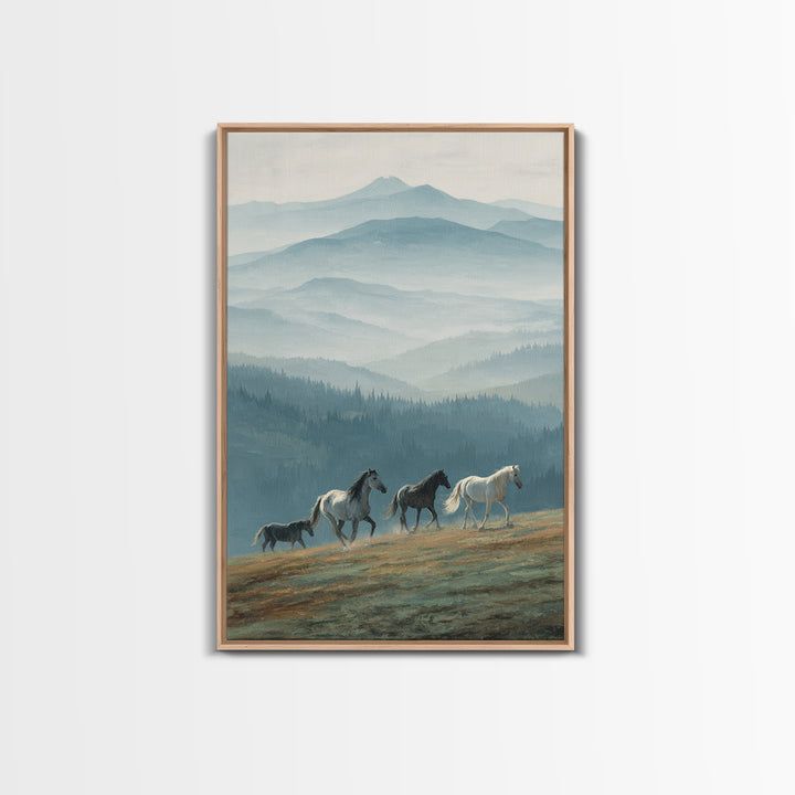 Wild Horses Running Near Mountain Ridge Framed Canvas Print, Nature Art, Wall Decor, Living Room Decor, Fine Art, Nature, NAT-2x3-78
