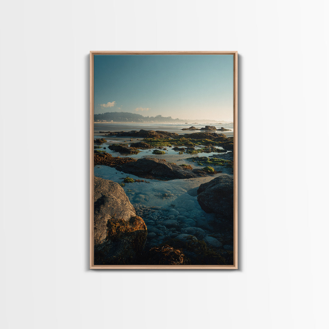 Calm Beach Tide Pooling Around Rocks Framed Canvas Print, Nature Art, Stained Glass Art, Living Room Decor, Oil Painting, NAT-2x3-8
