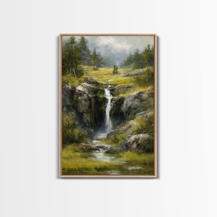 Waterfall Hidden Among Dark Green Rocks Framed Canvas Print, Nature Art, Abstract Wall Art, Living Room Decor, Abstract Art, NAT-2x3-83