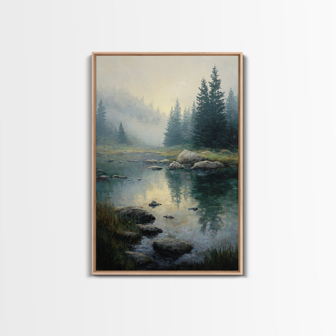 Misty Mountain Lake Framed Canvas Print, Nature Art, Abstract Wall Art, Living Room Decor, Oil Painting, Nature, Bird Wall Art, NAT-2x3-85