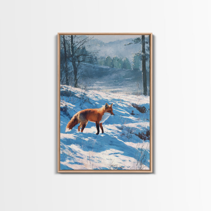 Fox Crossing a Snowy Forest Clearing Framed Canvas Print, Nature Art, Living Room Decor, Oil Painting, Nature, NAT-2x3-90