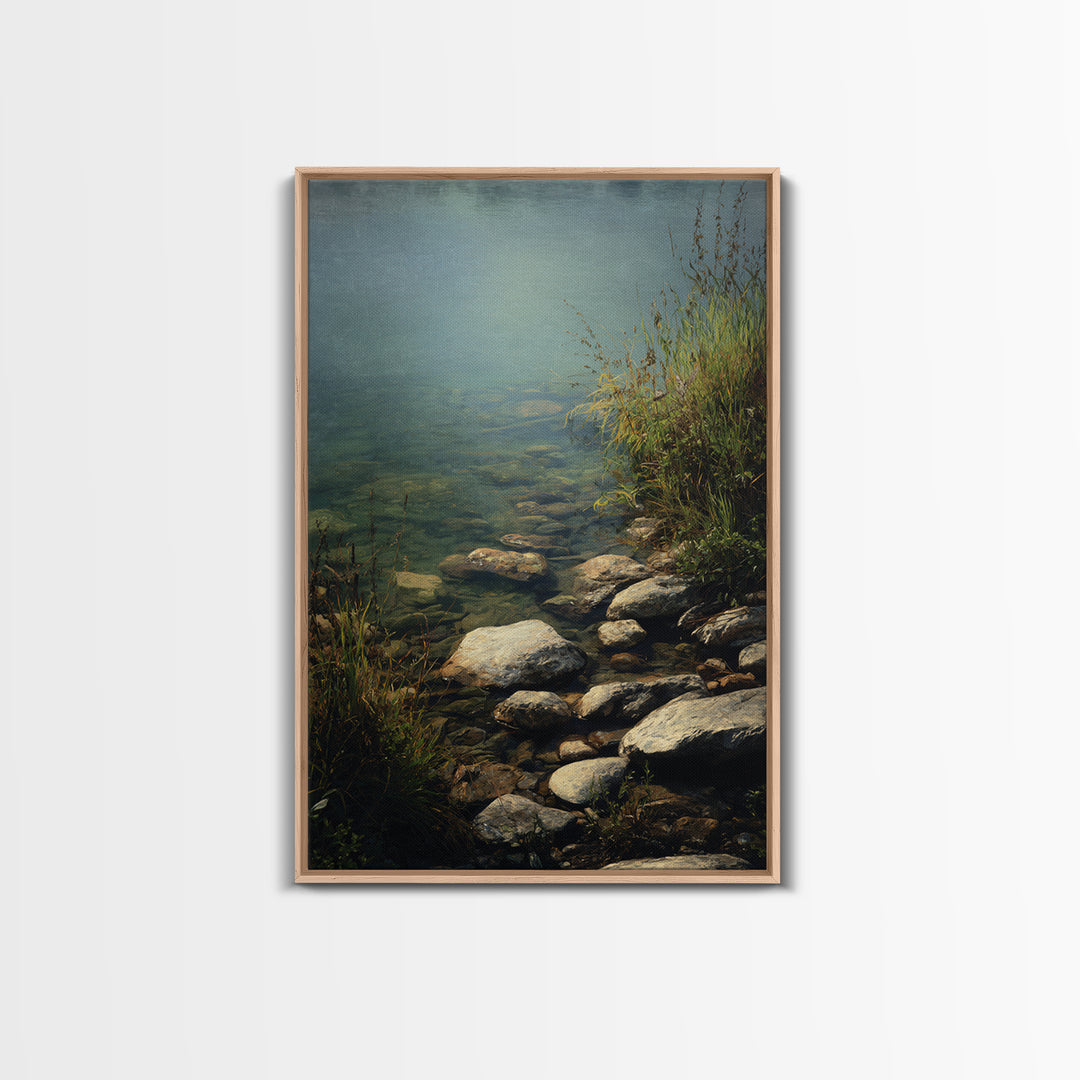 River Stones under Clear Shallow Water Framed Canvas Print, Nature Art, Artwork, Living Room Decor, Fine Art, Nature, NAT-2x3-93