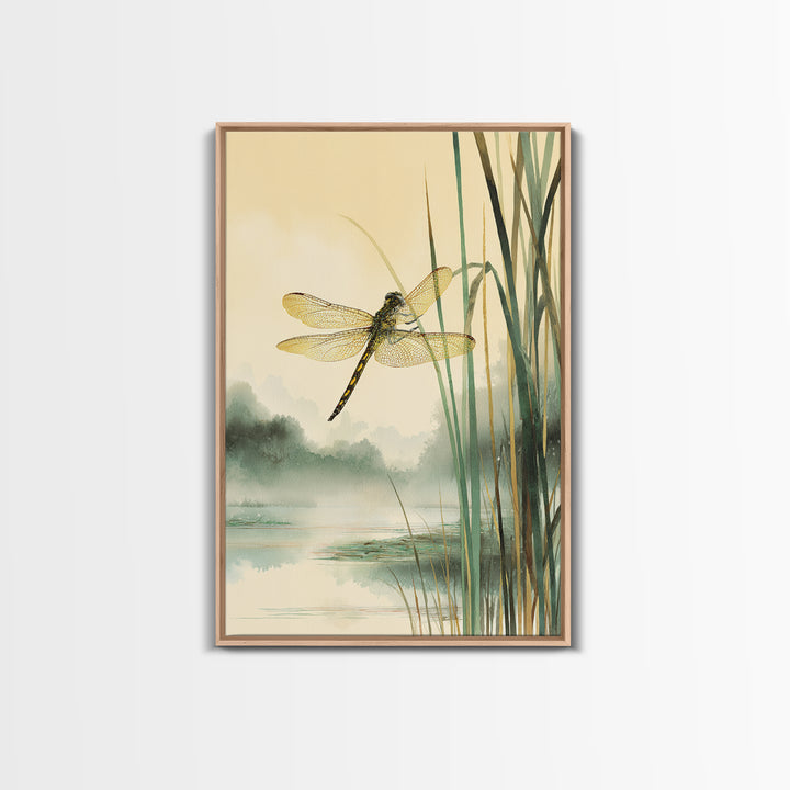 Dragonfly over a Pond with Reeds Framed Canvas Print, Nature Art, Art, Living Room Decor, Watercolor Art, Nature, 3d Wall Art, NAT-2x3-98