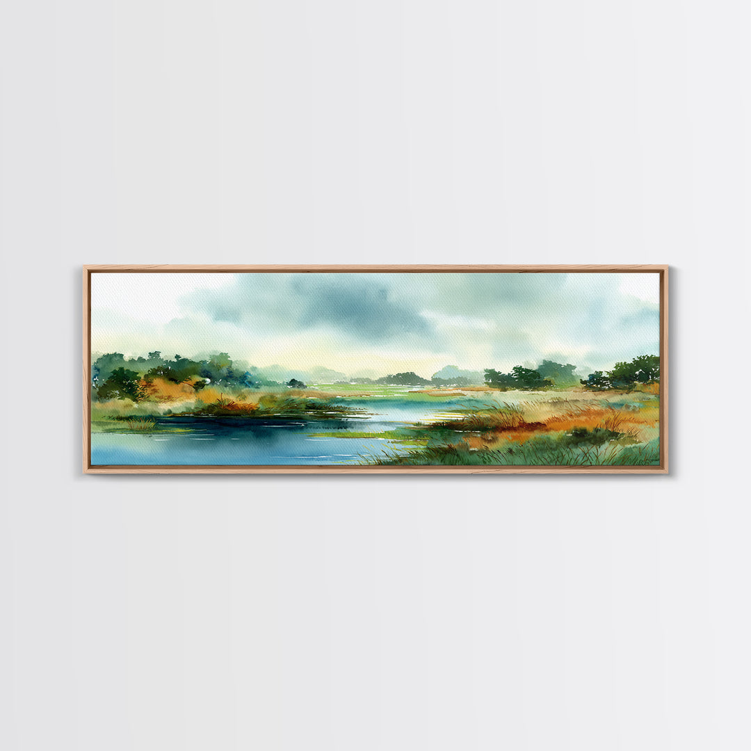 Dragonfly over a Pond with Reeds Framed Canvas Print, Nature Art, Home Decor, Living Room Decor, Nature, Abstract Wall Art, NAT-3x1-10