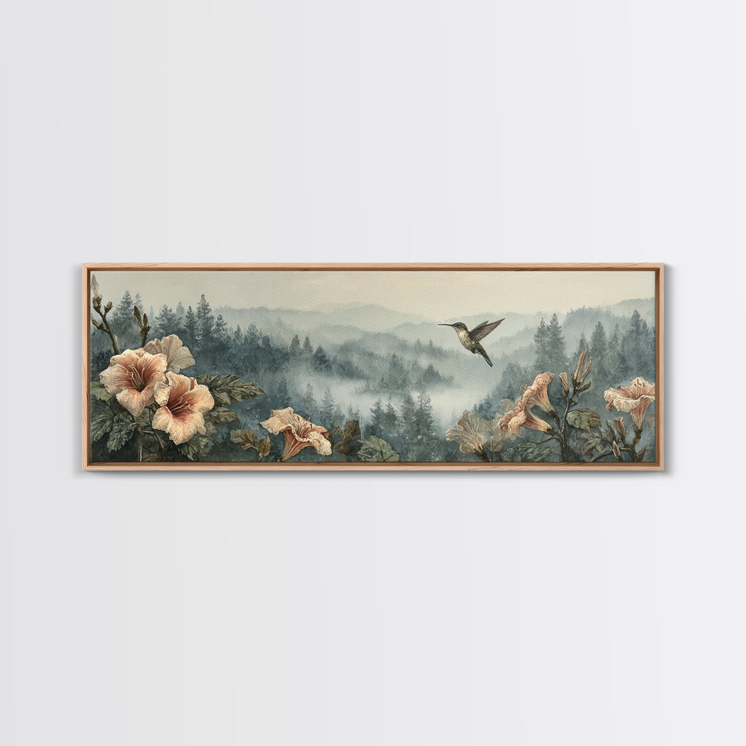 Hummingbird Beside Bright Trumpet Flowers Canvas Print, Nature Art, Modern Decor, Living Room Decor, Fine Art, Nature, NAT-3x1-100