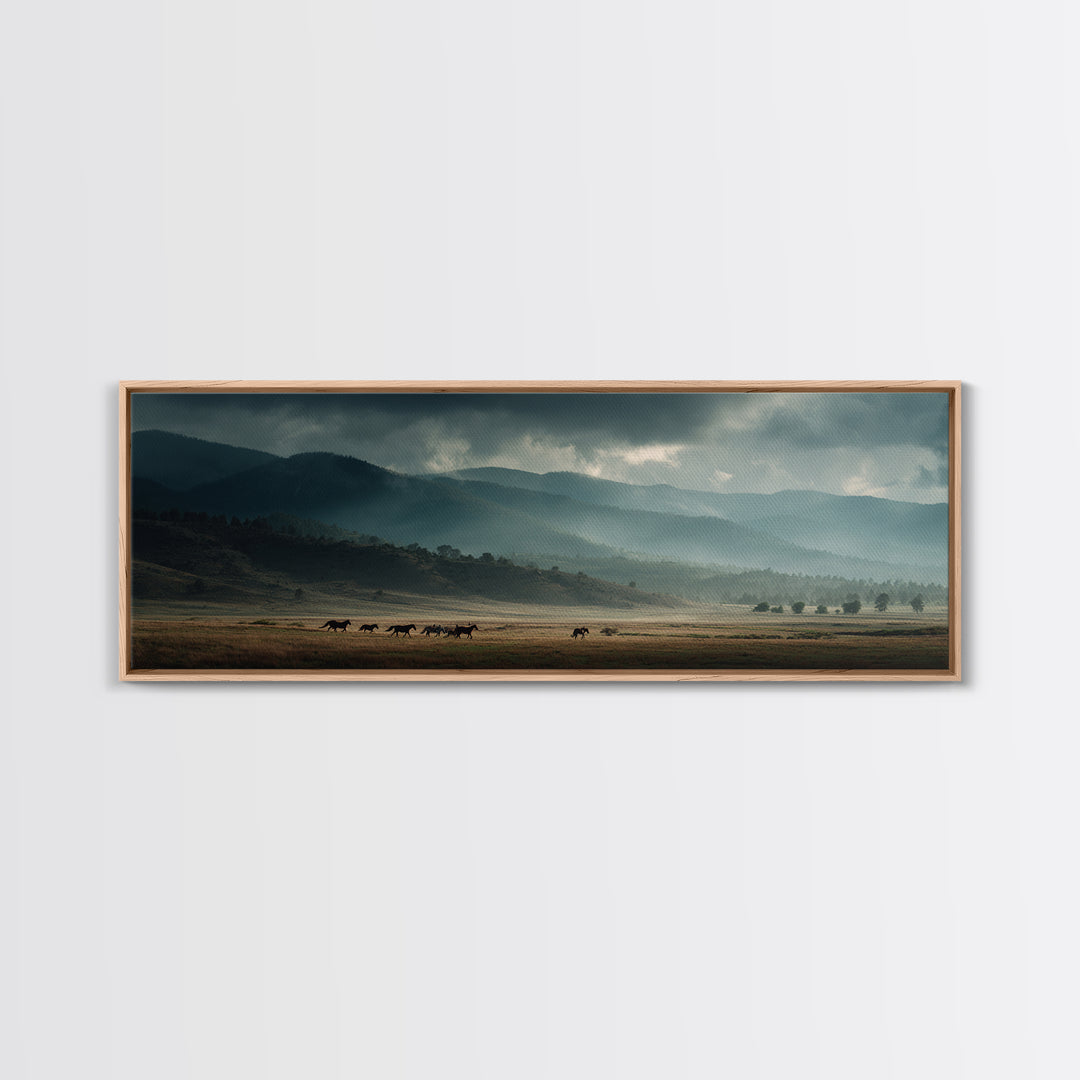 Wild Horses Running Near Mountain Ridge Canvas Print, Nature Art, Landscape Print, Living Room Decor, Fine Art, Nature, NAT-3x1-14