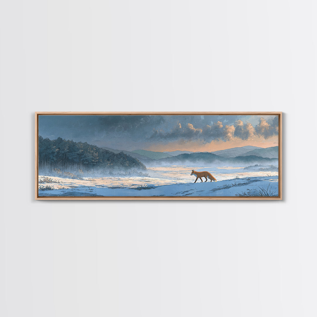 Fox Crossing a Snowy Forest Clearing Framed Canvas Print, Nature Art, Painting, Living Room Decor, Nature, Modern Wall Art, NAT-3x1-2