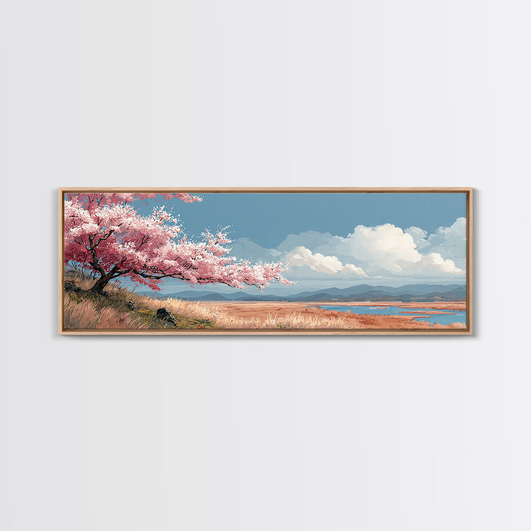 Spring Cherry Blossoms Framed Canvas Print, Nature Art, Landscape Print, Living Room Decor, Watercolor Art, Nature, NAT-3x1-32