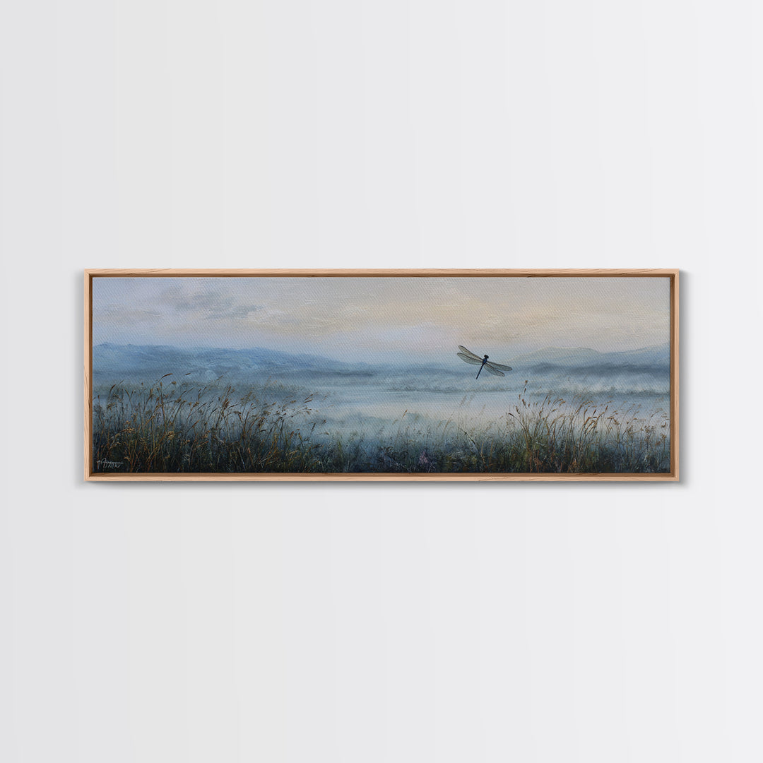 Dragonfly over a Pond with Reeds Canvas Print, Nature Art, Printable Wall Art, Living Room Decor, Abstract Art, Nature, NAT-3x1-34
