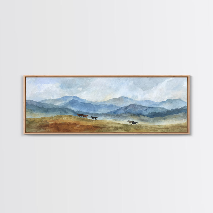 Wild Horses Running Near Mountain Ridge Canvas Print, Nature Art, Wall Hangings, Living Room Decor, Oil Painting, Nature, NAT-3x1-38