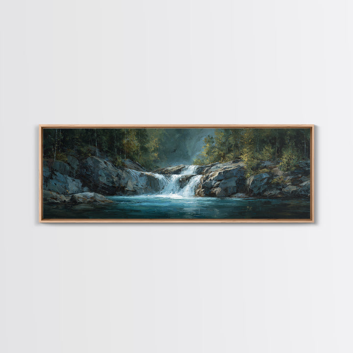 Waterfall Hidden Among Dark Green Rocks Canvas Print, Nature Art, Poster, Living Room Decor, Nature, Abstract Wall Art, NAT-3x1-43