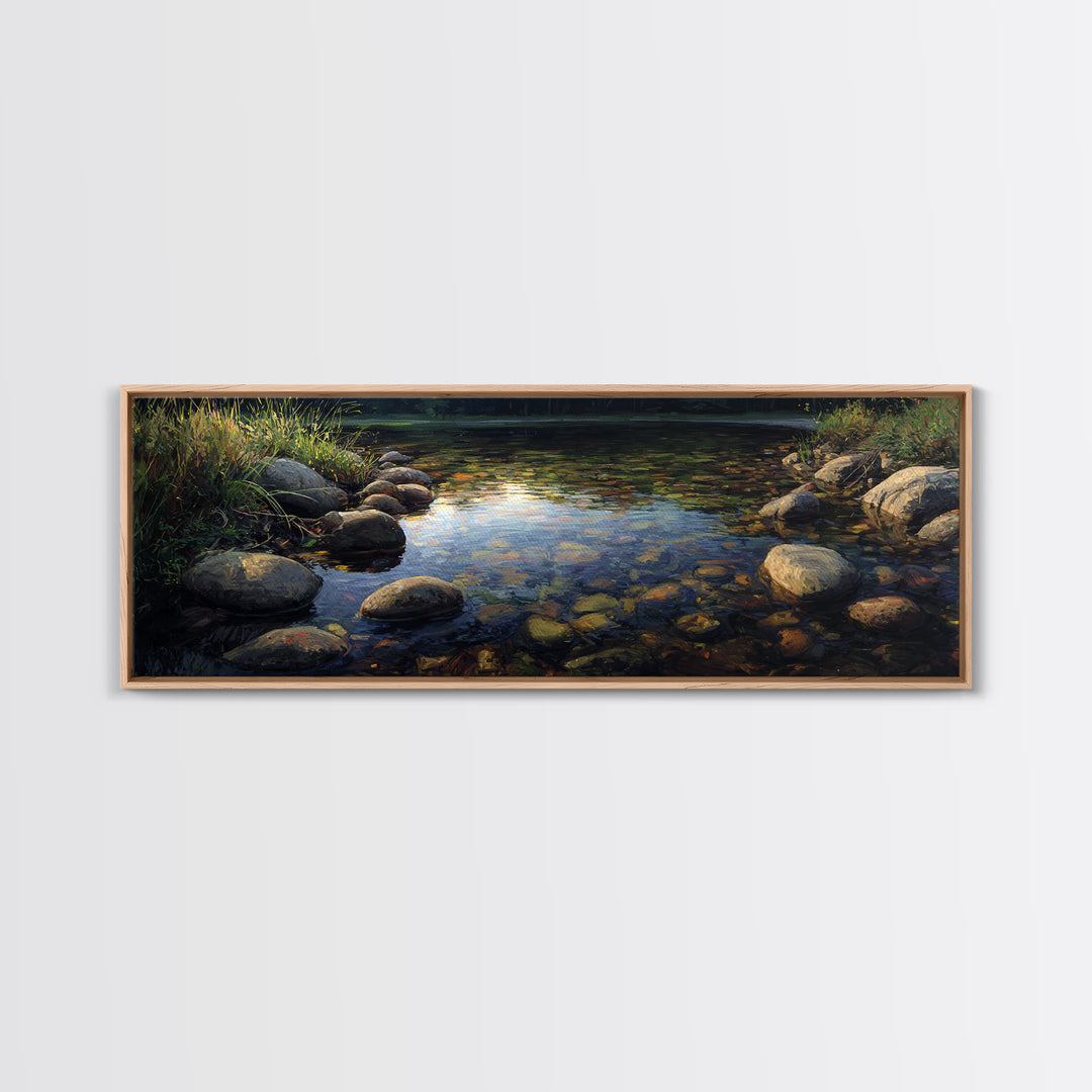 River Stones under Clear Shallow Water Framed Canvas Print, Nature Art, Living Room Decor, Watercolor Art, Nature, NAT-3x1-5