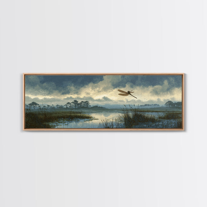 Dragonfly over a Pond with Reeds Framed Canvas Print, Nature Art, Wood Wall Art, Living Room Decor, Fine Art, Nature, NAT-3x1-58
