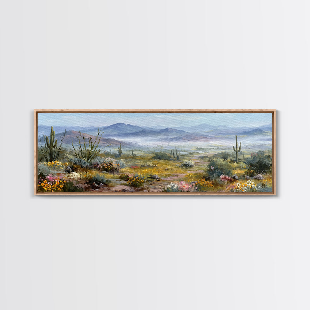 Desert Cactus Blooming After Rain Framed Canvas Print, Nature Art, Boho Decor, Living Room Decor, Oil Painting, Nature, NAT-3x1-60