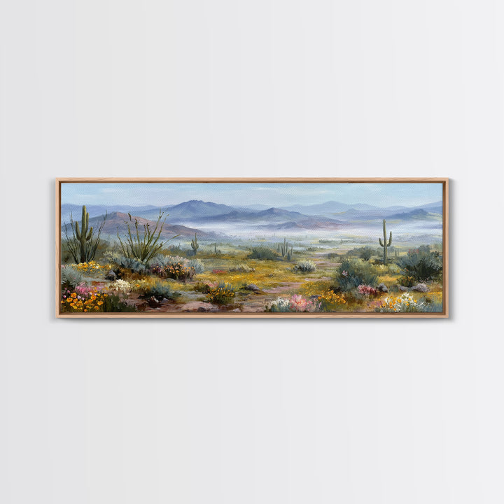 Desert Cactus Blooming After Rain Framed Canvas Print, Nature Art, Boho Decor, Living Room Decor, Oil Painting, Nature, NAT-3x1-60