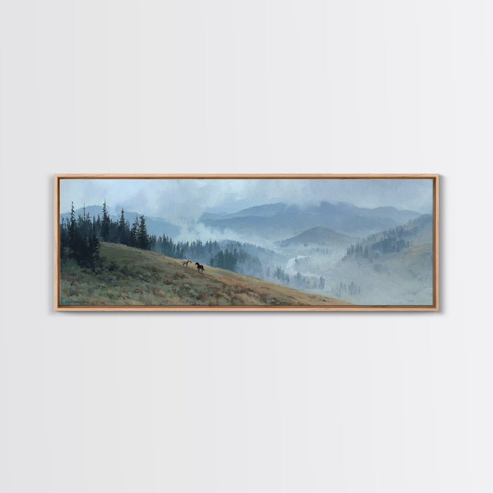 Wild Horses Running Near Mountain Ridge Canvas Print, Nature Art, Gallery Decor, Living Room Decor, Fine Art, Nature, NAT-3x1-62