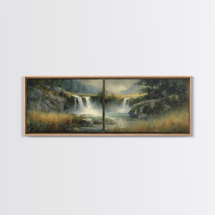 Waterfall Hidden Among Dark Green Rocks Framed Canvas Print, Nature Art, Wall Hangings, Living Room Decor, Abstract Art, Nature, NAT-3x1-67