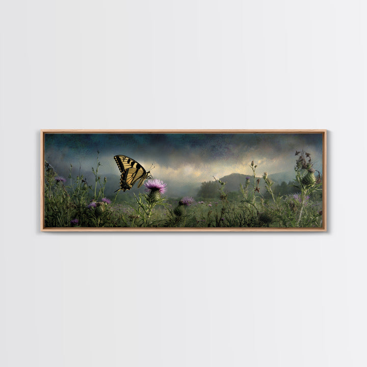 Butterfly Resting on a Blooming Thistle Framed Canvas Print, Nature Art, Living Room Decor, Watercolor Art, Nature, NAT-3x1-68