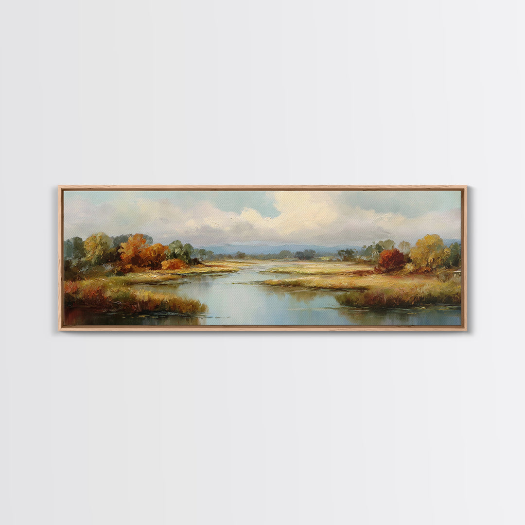 Autumn Leaves Floating on Quiet Stream Canvas Print, Nature Art, Art Print, Living Room Decor, Oil Painting, Nature, NAT-3x1-70